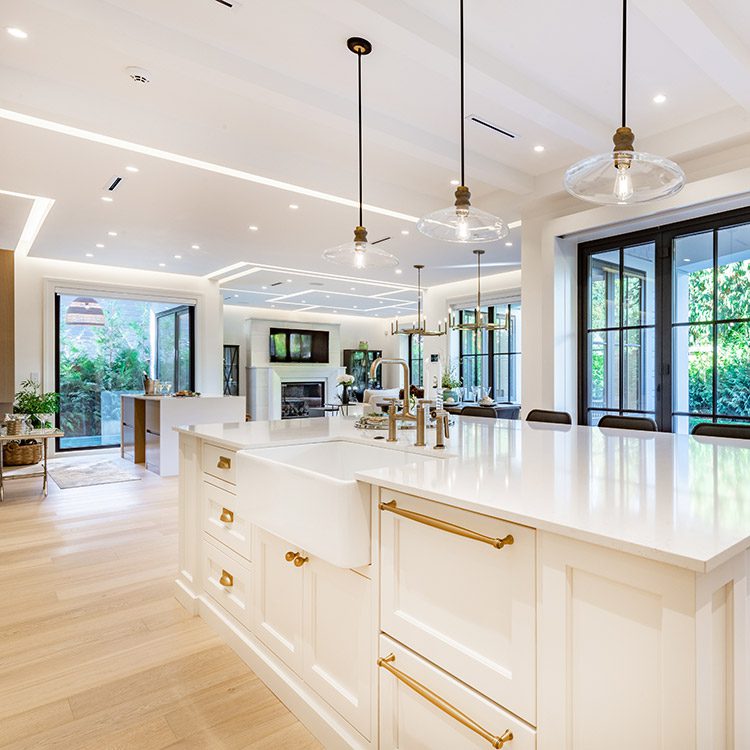 Elegant modern farmhouse interior kitchen dining with bar white marble charcoal grey chairs bar stools and decor